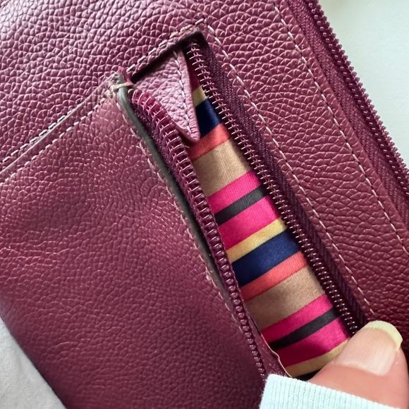 NWoT Genuine Leather Brown Wristlet Clutch Wallet, Zipper Striped Satin Interior - Picture 6 of 12